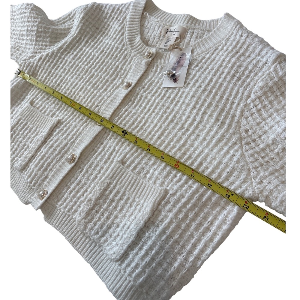Jessica Simpson Womens Cream White Textured Knit Cropped Pearl Button Cardigan L - Picture 5 of 8